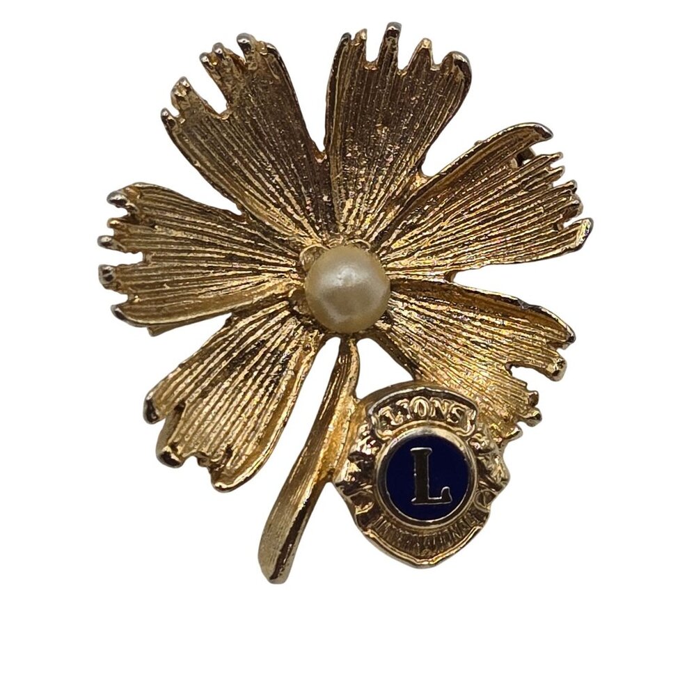 VTG Lions Club Int. Gold Tone Souvenir‎ Pin Lapel Floral Faux Pearl Brooch